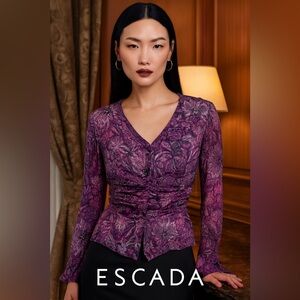 Escada Purple Floral Women's 100% silk Blouse Rouched Waist Bell Sleeves